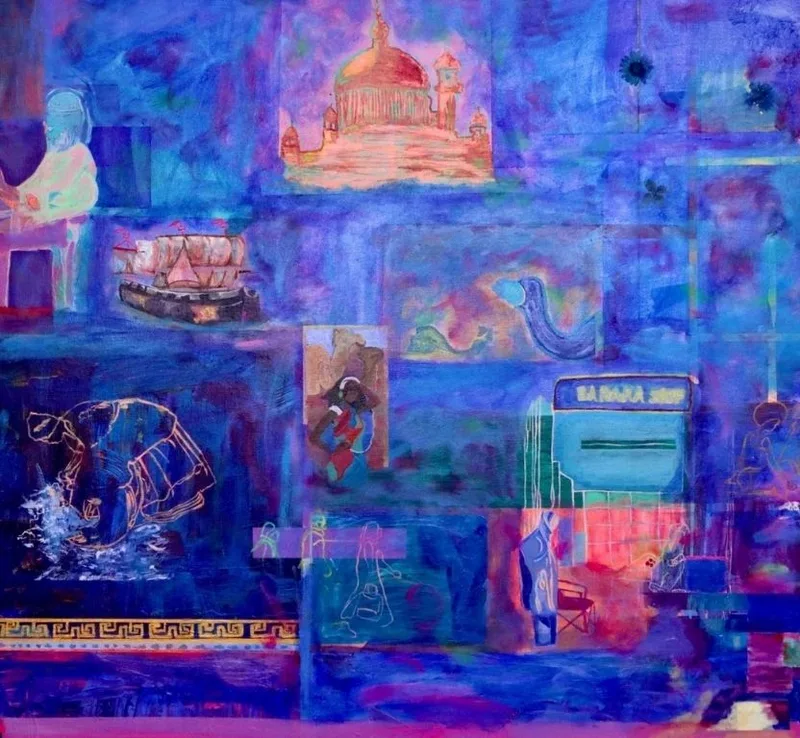 A layered blue and violet collage of domes, boats and buildings