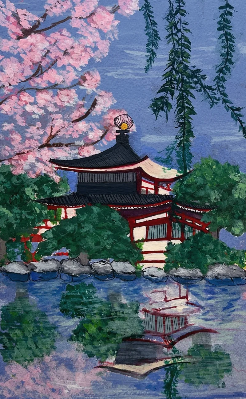 A red and black temple among cherry blossoms and willows, reflected in a still pond