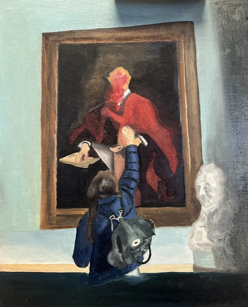 A visitor reaching up toward a portrait in a gallery