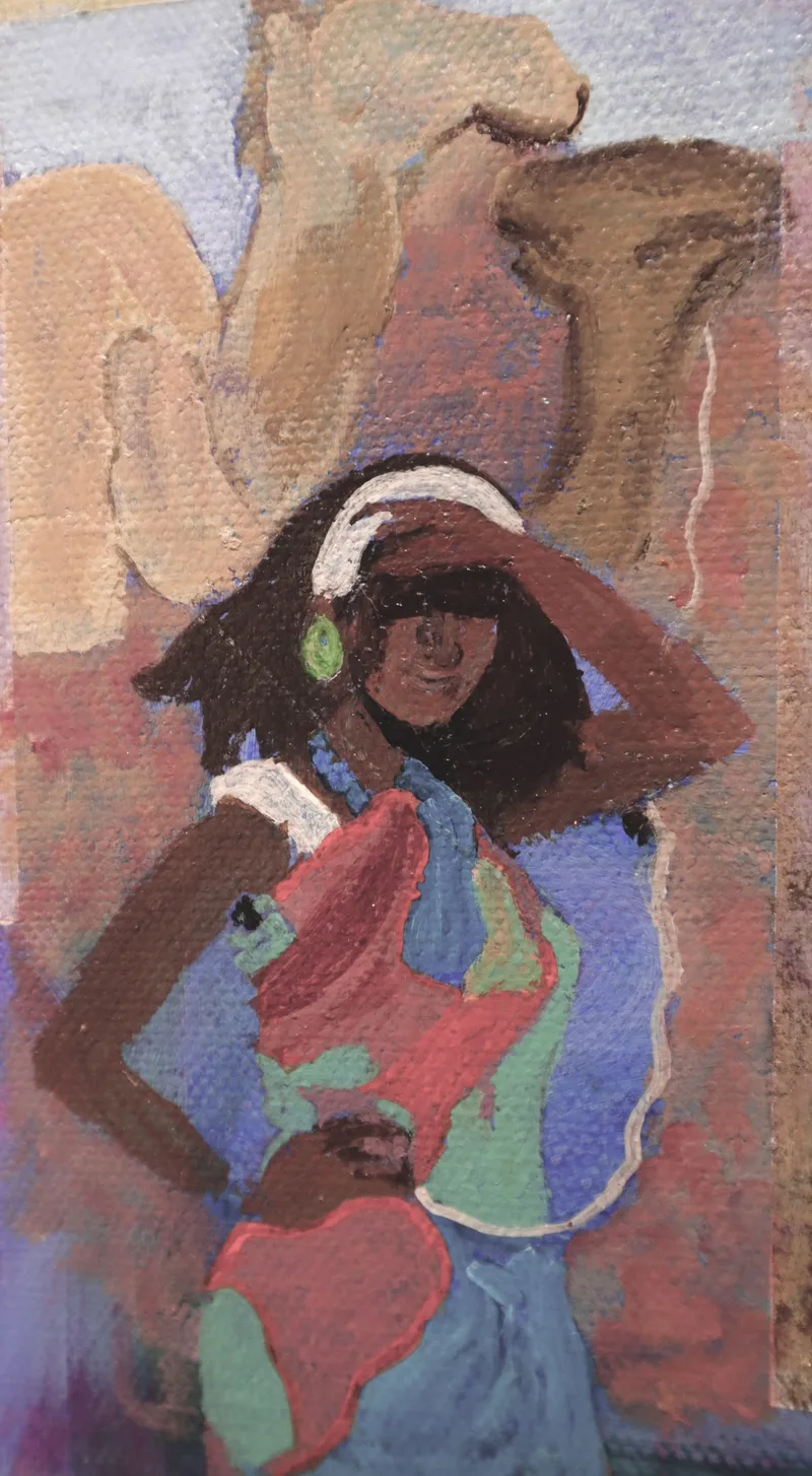 A woman shading her eyes, painted in soft abstract shapes
