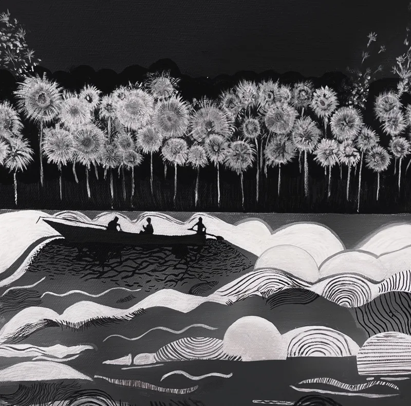Black and white study of dandelions above a boat on patterned waves