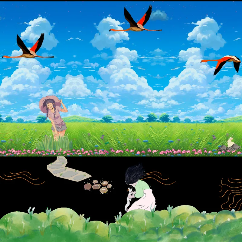 Flamingos flying over a green field beneath a bright cloudy sky
