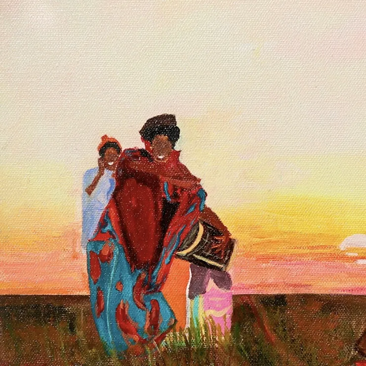 Two women embracing in a field under a pink and gold sky
